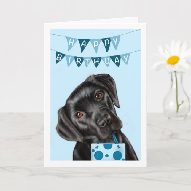 Black Labrador Blue Birthday Card Kort (Liten växt)