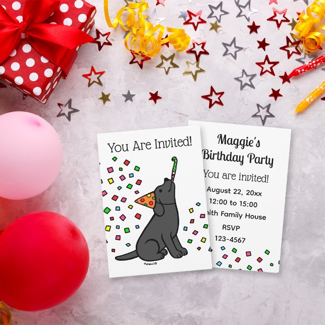 Black Labrador Confetti Födelsedagsfest Inbjudningar (Black Labrador Confetti Birthday Party Invitation for Labrador Owners.  Cartoon art design.)