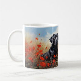 Black Labrador-hämtare i fält på rödpoppies Kaffemugg