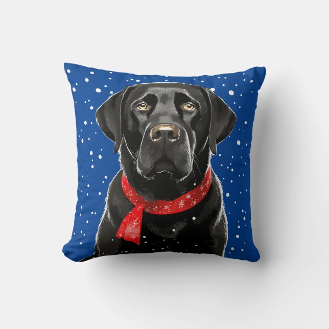 Black Labrador Helgdag Blue Winter Dekorativ kudde (Framsida)