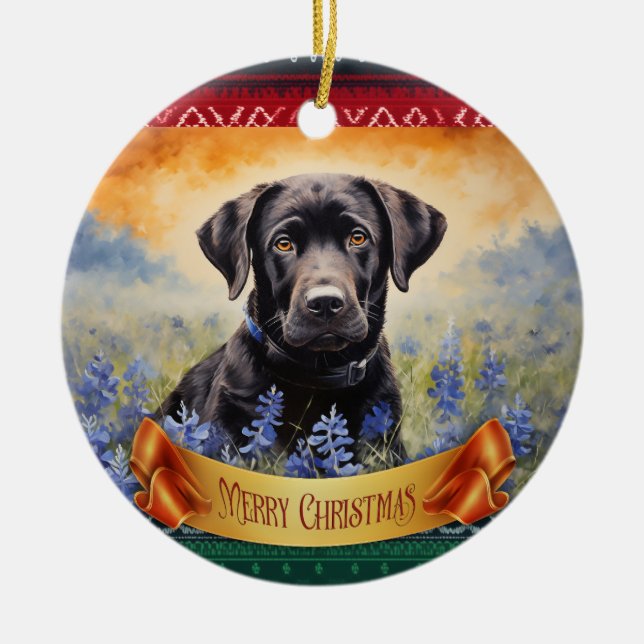 Black Labrador i Bluebonnets Julgransprydnad Keramik (Framsidan)