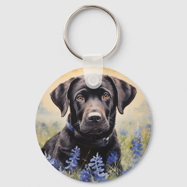 Black Labrador i Bluebonnets Nyckelring (Framsida)