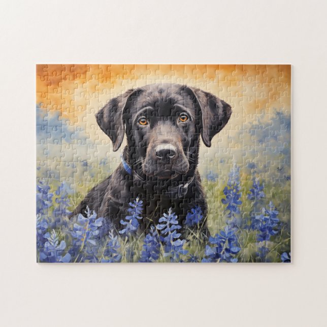 Black Labrador i Bluebonnets Pussel (Horisontell)
