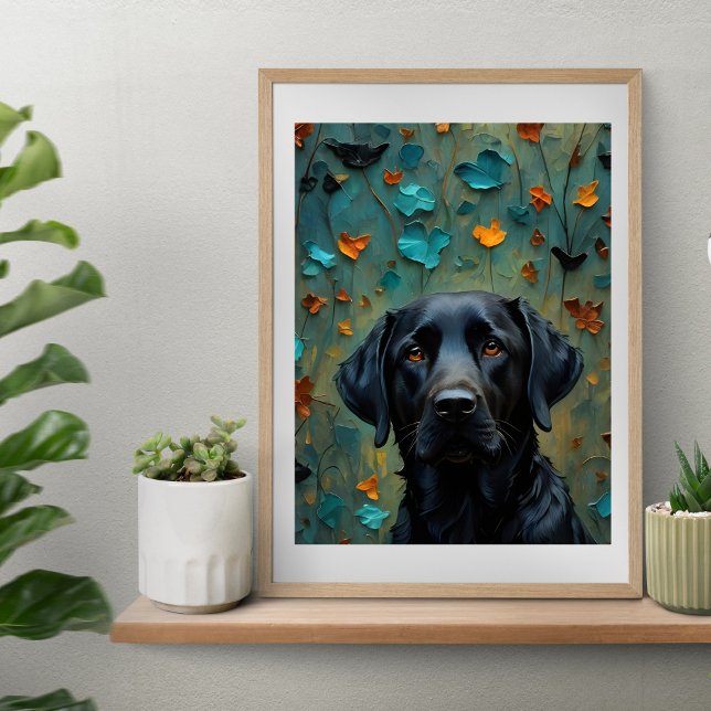 Black Labrador i Löv Poster (Black Labrador in Leaves Poster print artwork from Ricaso. Stunning black lab retriever print)