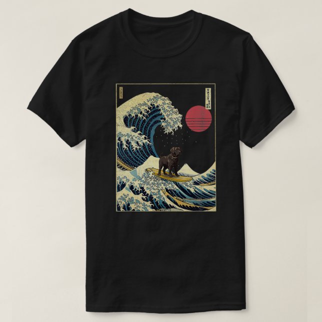 Black Labrador Japanska Kanagawa Wave Funny Surfa  T Shirt (Design framsida)
