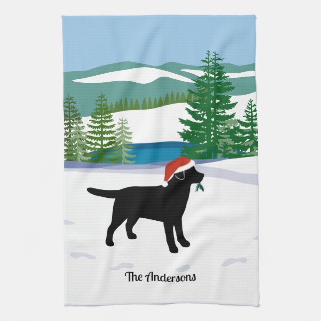Black Labrador jul Evergreen Santa Hat Kökshandduk (Vertikal)