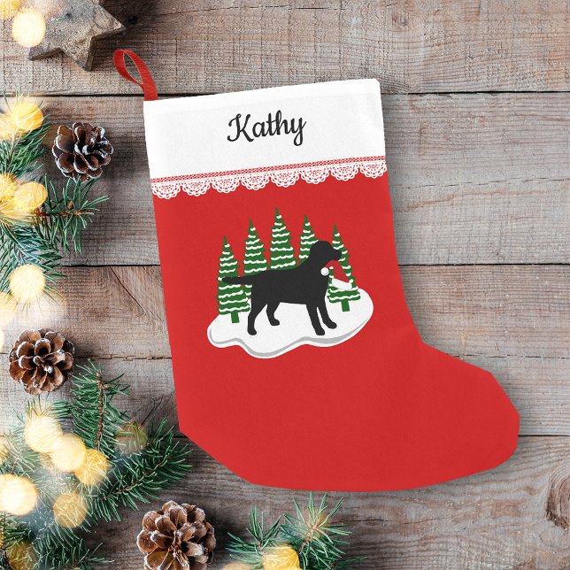 Black Labrador jul Evergreen Träd Liten Julstrumpa (Personalized Black Labrador Christmas Evergreen Trees Design Christmas Stocking for Labrador Owners.)