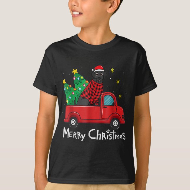 Black Labrador jul Lastbil Träd Red Play Hund T Shirt (Framsida)