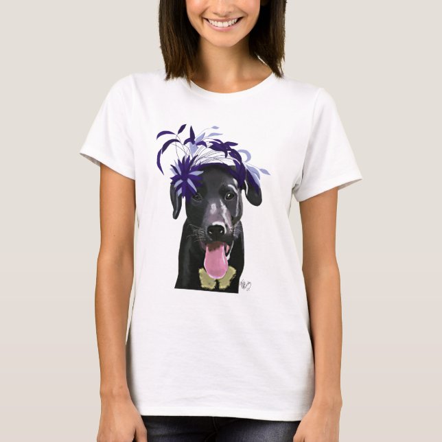 Black Labrador med blå fascinator T Shirt (Framsida)
