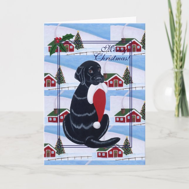 Black Labrador med delstaten Santa Hat Snö Helgkort (Framsida)