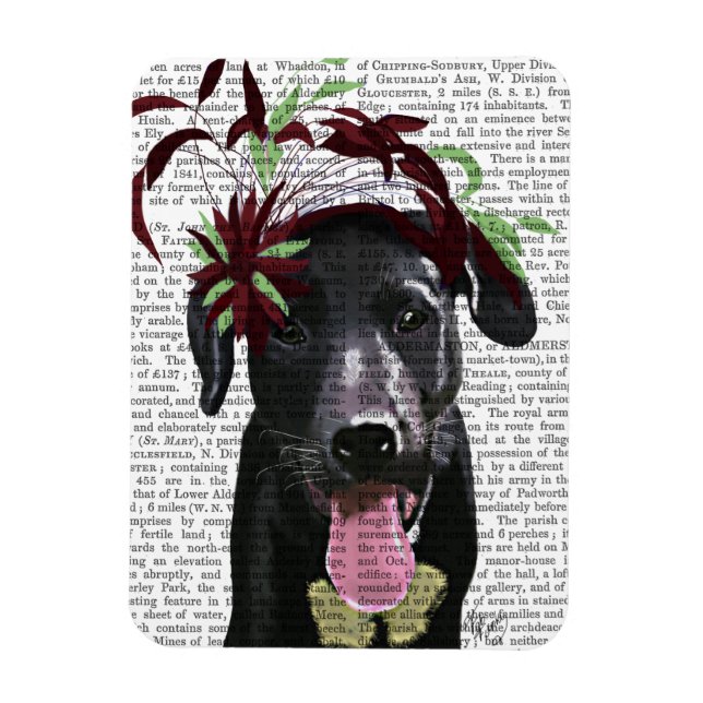 Black Labrador med Grönt Fascinator Magnet (Vertikal)