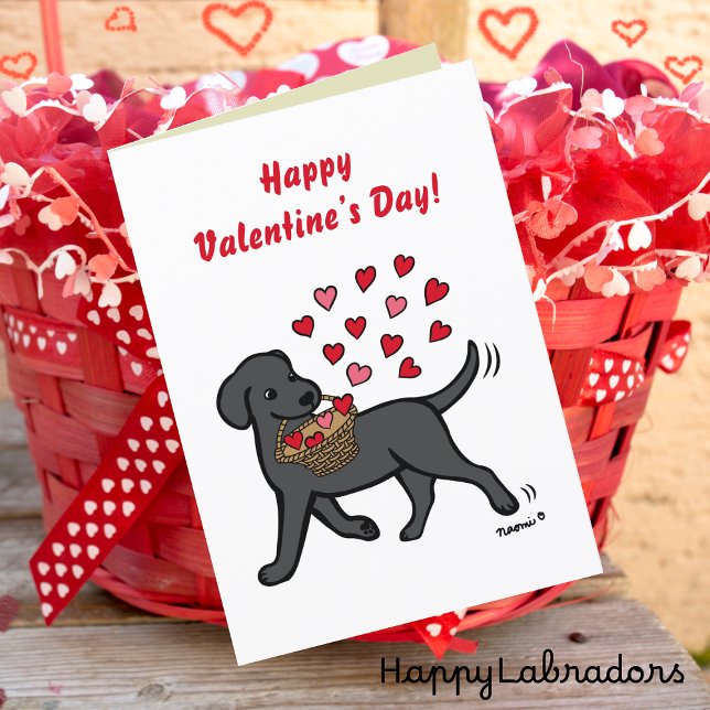 Black Labrador med hjärtan Valentine Helgkort (Black Labrador Carrying Hearts Valentine Card for Labrador Owners.  Cute Cartoon Design.)