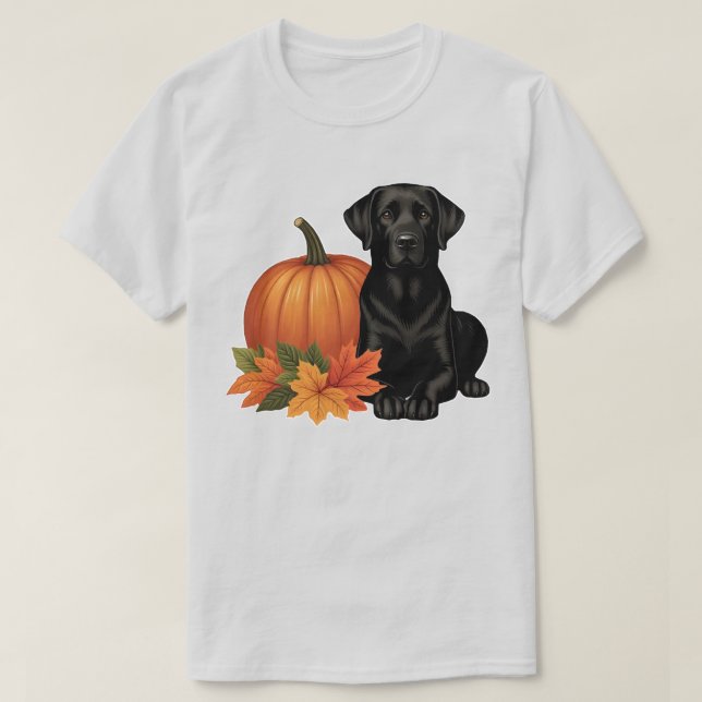 Black Labrador med Höst löv och Pumpkin T Shirt (Design framsida)