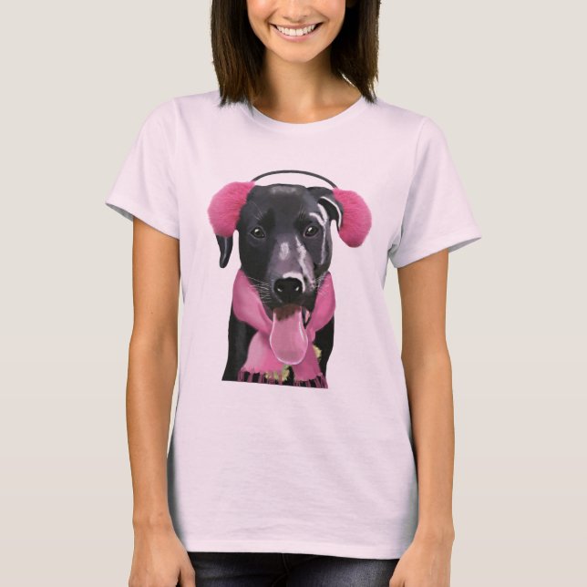 Black Labrador med öronsvampar Tee Shirt (Framsida)