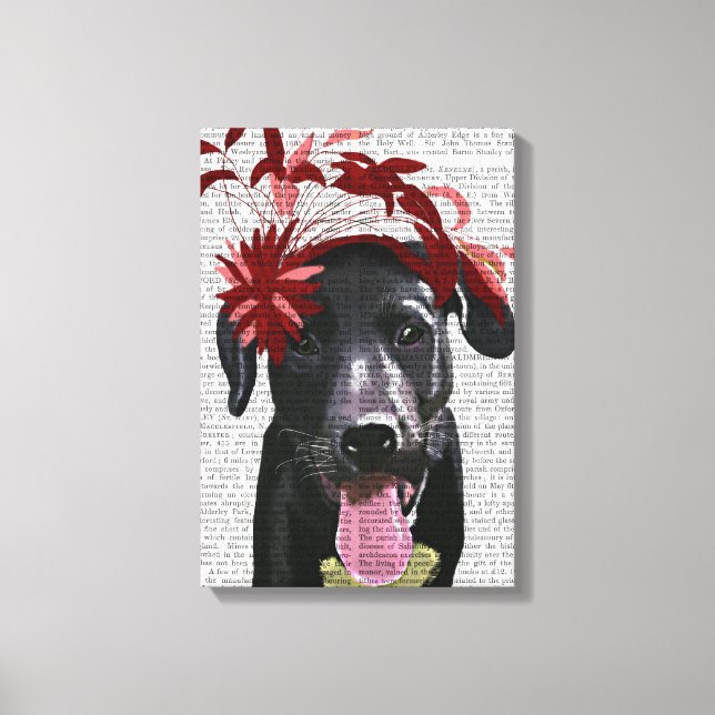 Black Labrador med röd fascinator Canvastryck (Framsida)