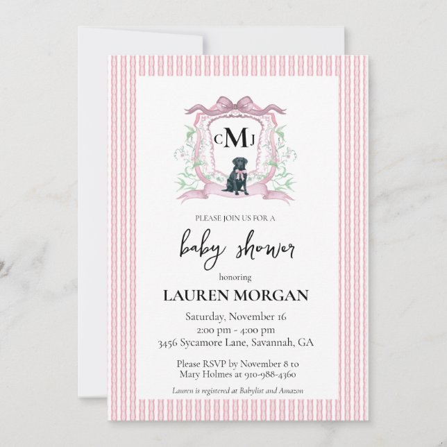 Black Labrador Monogram Rosa Baby Shower Inbjudningar (Framsida)