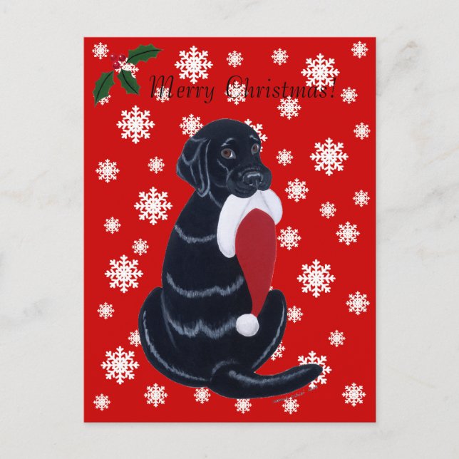 Black Labrador och Santa Hat Snowflake-jul Helg Vykort (Framsida)