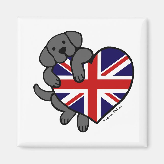 Black Labrador och UK Flagga Heart 2-Tecknaden Magnet (Framsidan)