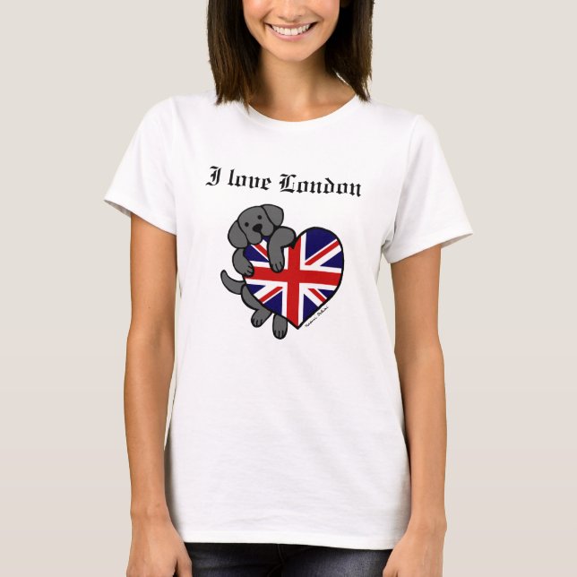 Black Labrador och UK Flagga Heart 2-Tecknaden Tee Shirt (Framsida)