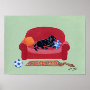 Black Labrador på Rosa Couch Artwork Poster