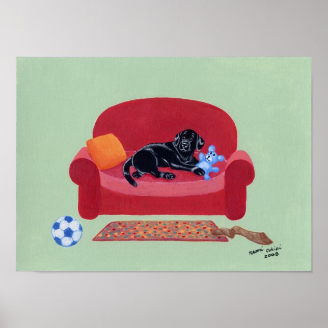 Black Labrador på Rosa Couch Artwork Poster (Framsidan)