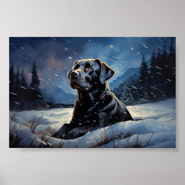 Black Labrador på vinternatten Poster (Framsidan)