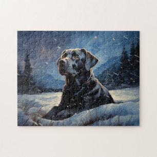 Black Labrador på vinternatten Pussel