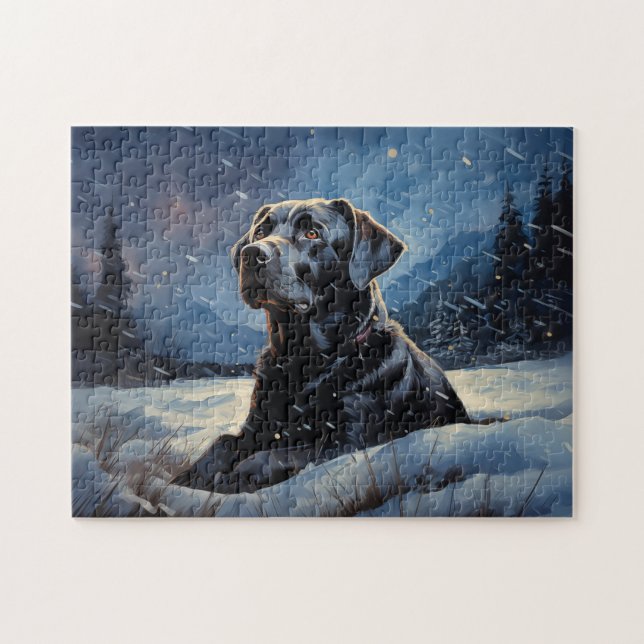 Black Labrador på vinternatten Pussel (Horisontell)