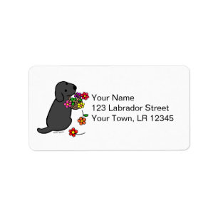 Black Labrador Puppy Flower Basket Tecknad Adressetikett
