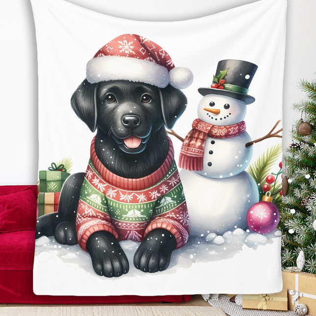 Black Labrador Puppy Hund Snögubbe Winter Helgdag Fleecefilt (Skapare uppladdad)