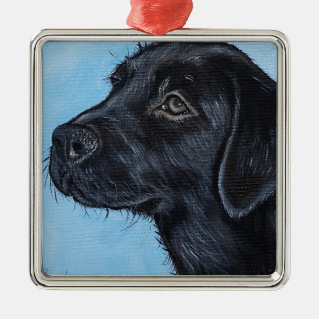 Black Labrador Puppy Painting Julgransprydnad Metall (Framsidan)