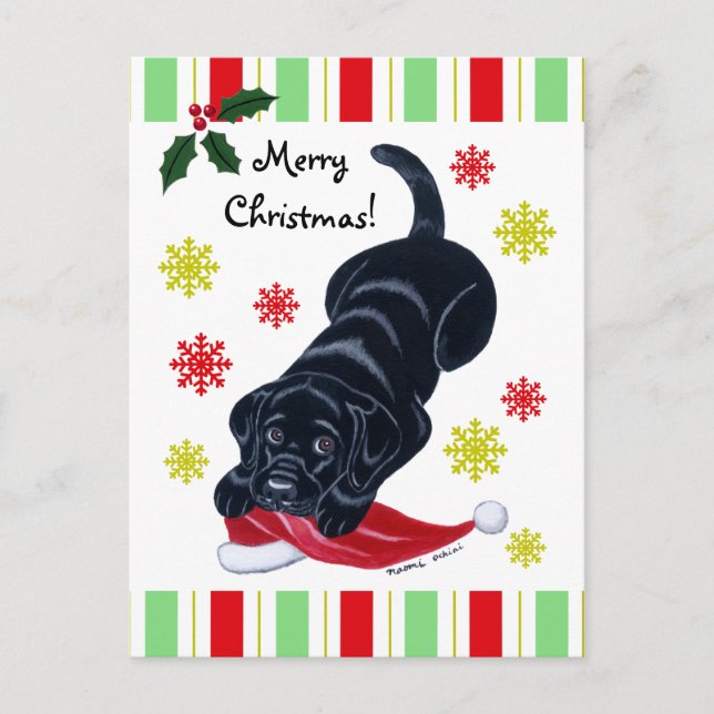 Black Labrador Puppy & Santa Hat-jul Helg Vykort (Framsida)
