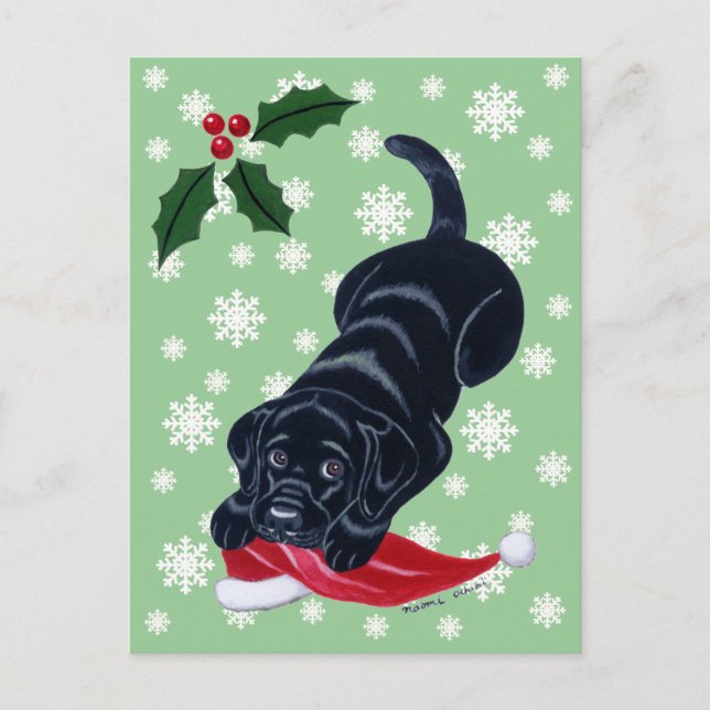 Black Labrador Puppy & Santa Hat-jul Helg Vykort (Framsida)