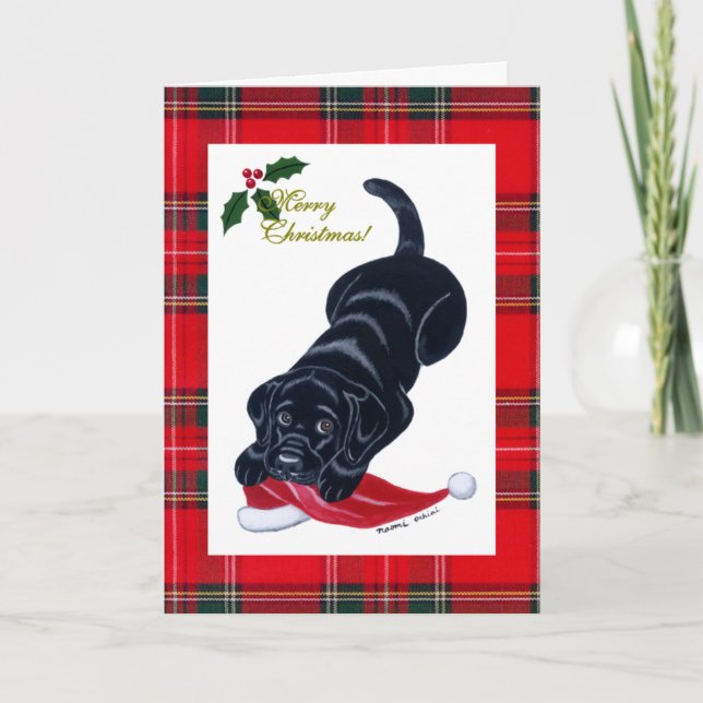 Black Labrador Puppy & Santa Hat-jul Helgkort (Framsida)