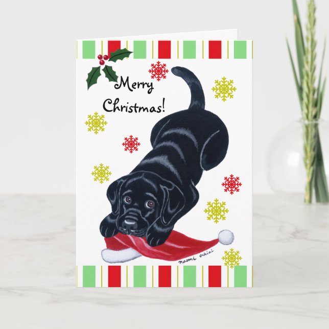 Black Labrador Puppy & Santa Hat-jul Helgkort (Framsida)