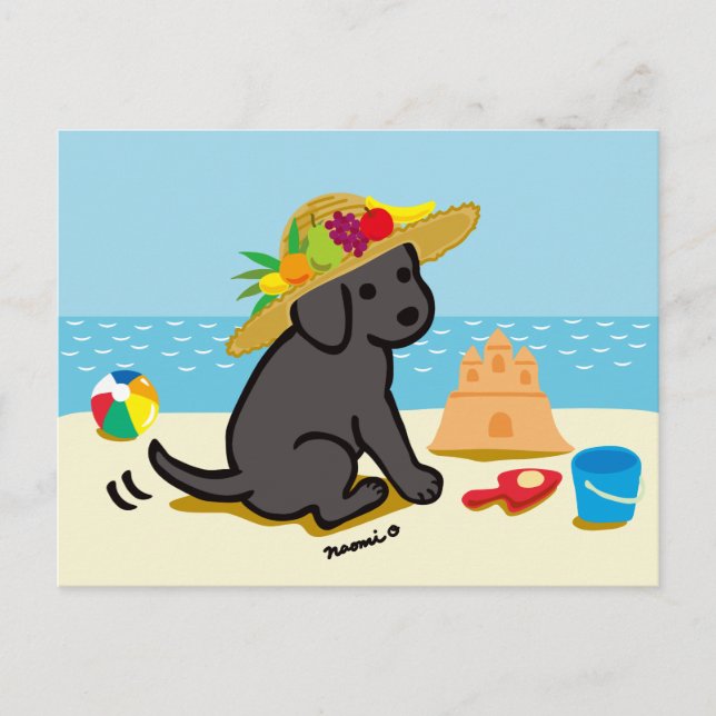 Black Labrador Puppy Straw Hat Tecknad Vykort (Framsida)