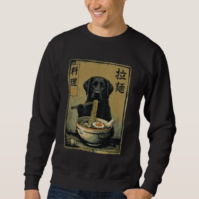 Black Labrador Ramen Noodles Japanese Anime Foodie Lång Ärmad Tröja (Framsida)