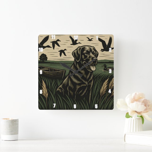 Black Labrador Retriever Anka Hunting Fyrkantig Klocka (Hem)