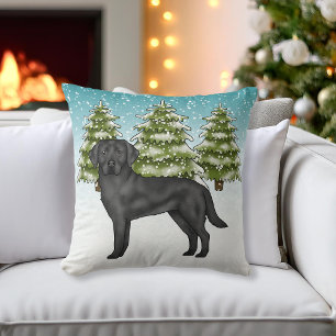 Black Labrador Retriever Blue Snowy Winter Forest Kudde
