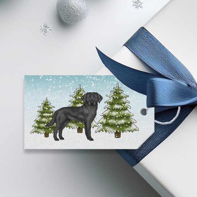 Black Labrador Retriever Blue Snowy Winter Forest Presentetikett (Skapare uppladdad)