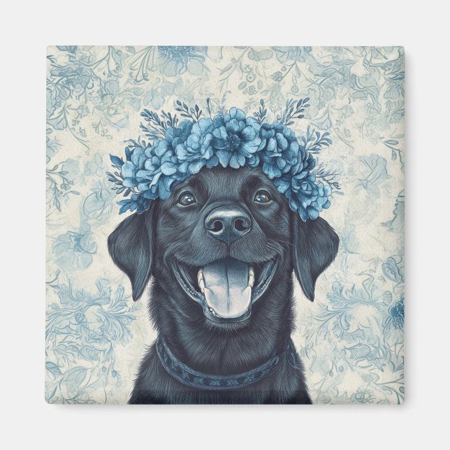 Black Labrador Retriever Hund Blue Blommigt Kitche Magnet (Framsidan)