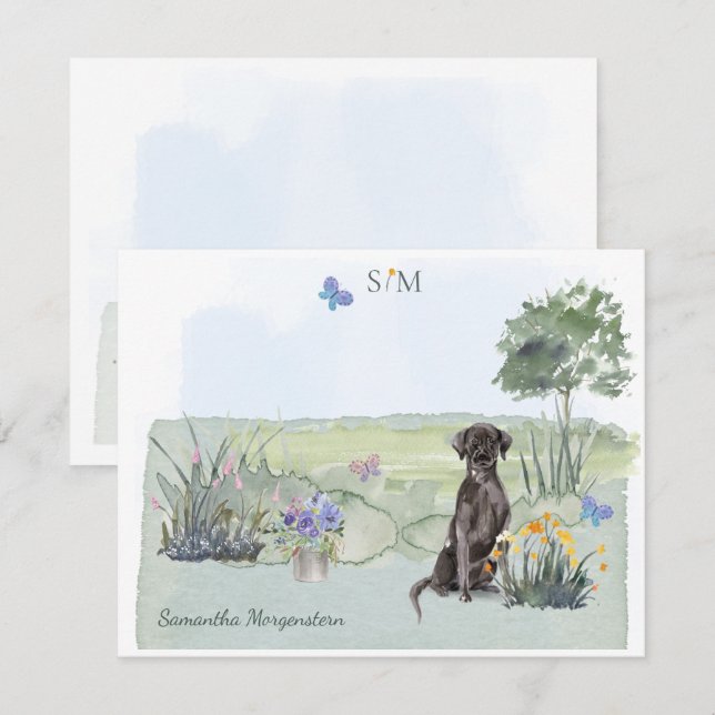 Black Labrador Retriever Hund Monogram & Namn Anteckningskort (Fram/baksida)