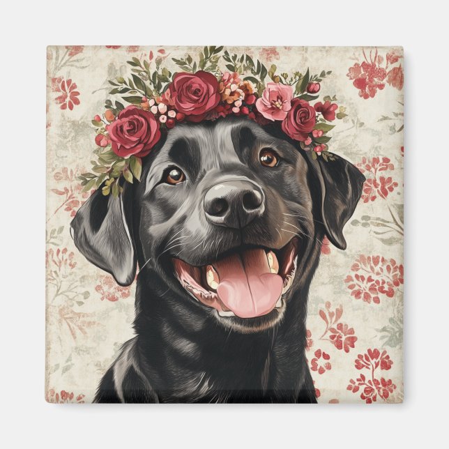 Black Labrador Retriever Hund Red Blommigt Kitchen Magnet (Framsidan)