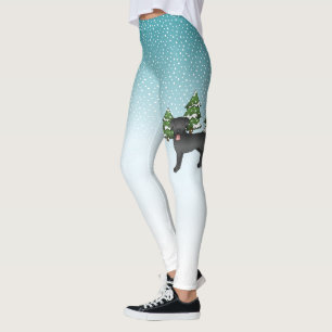 Black Labrador Retriever in a Winter Forest Leggings