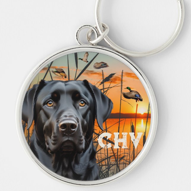 Black Labrador Retriever Personlig Rund Silverfärgad Nyckelring (Framsidan)
