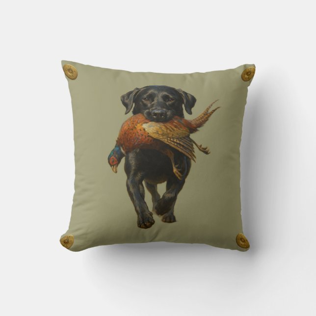 Black Labrador Retriever & Pheasant throw cushion Kudde (Framsida)