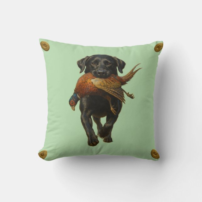 Black Labrador Retriever & Pheasant throw cushion Kudde (Framsida)