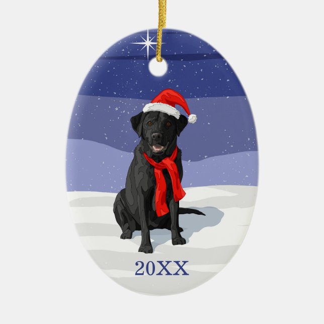 Black Labrador Retriever Santa Hat & Scarf Julgransprydnad Keramik (Framsidan)