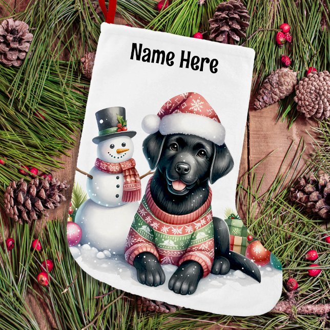 Black Labrador Retriever & Snögubbe Puppy Hund Stor Julstrumpa (Skapare uppladdad)