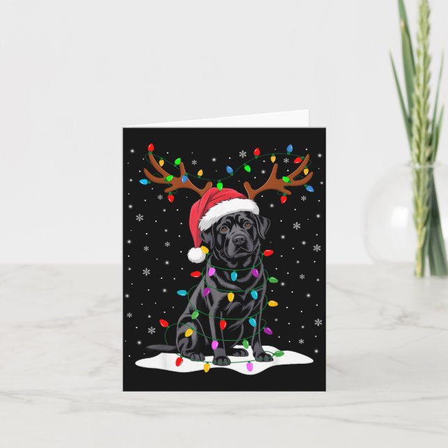Black Labrador Santa Hat Reindeer Tree Lights Chri Kort (Framsida)